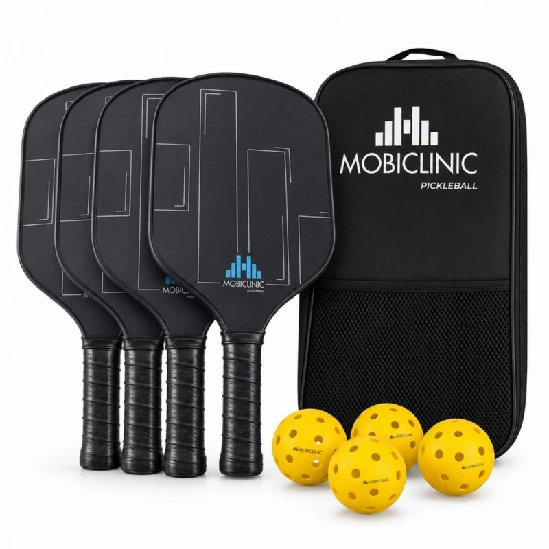 Set Pickleball | 4 raquetas de Fibra de Vidrio | 4 pelotas | Bolsa de transporte | Grip Antideslizante | Mobiall | Mobiclinic