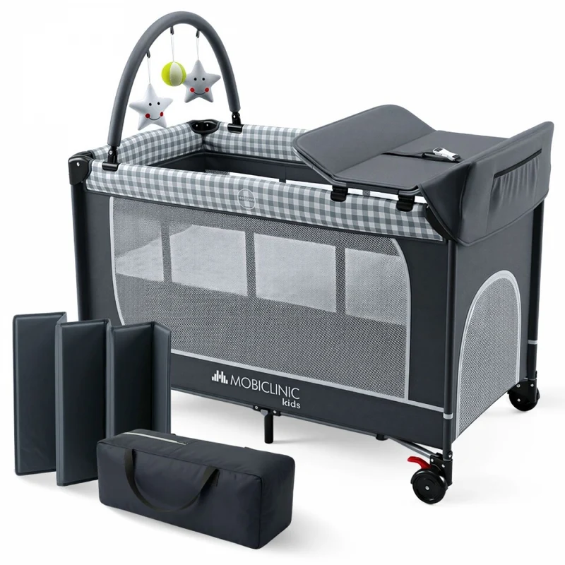 Cuna de viaje 3 en 1 | Cambiador | Parque de juegos | Portátil | Plegable | Bolsa de transporte | Gris | Caelum | Mobiclinic