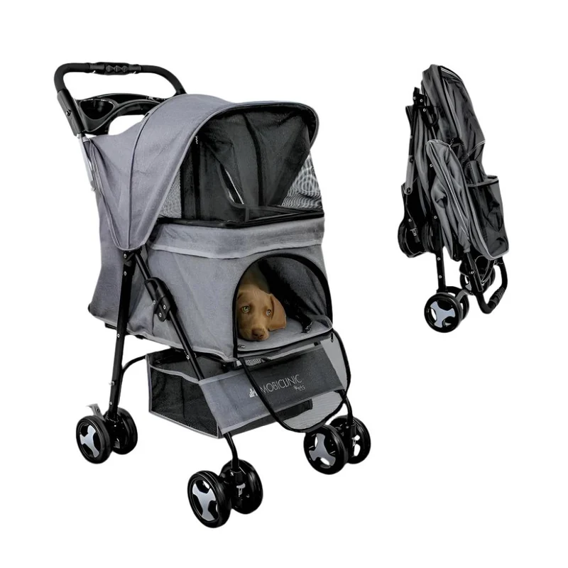 Carrito para perros | Plegable |Ruedas con freno y 360º |3 accesos |Con toldo| Cesta almacenaje y portavasos |Gris|Zuma|Mobiclinic