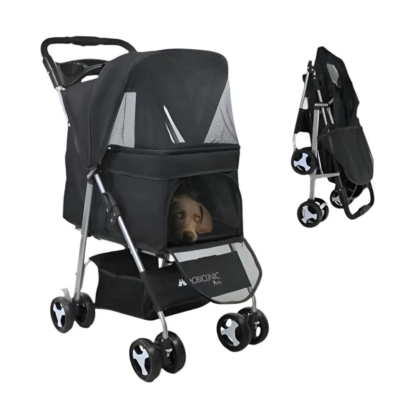 Carrito para perros | Plegable |Ruedas con freno y 360º |3 accesos |Con toldo| Cesta almacenaje y portavasos |Negro |Zuma|Mobiclinic
