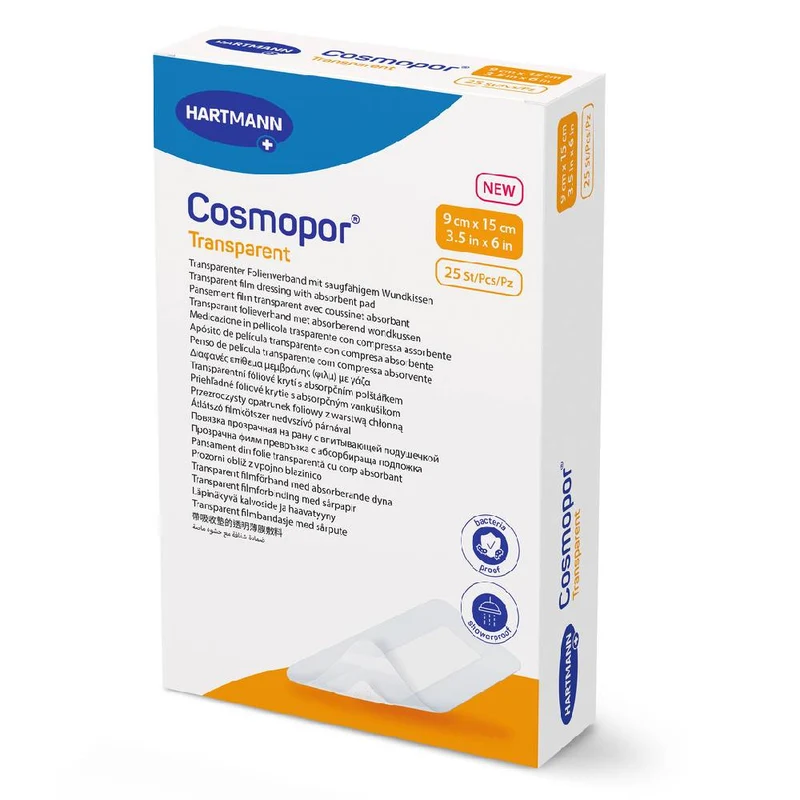 Cosmopor Transparent Film Dressing With Absorbent Pad, Shower Proof, Bacteria Proof, 9 cm x 15 cm, 25 Pieces