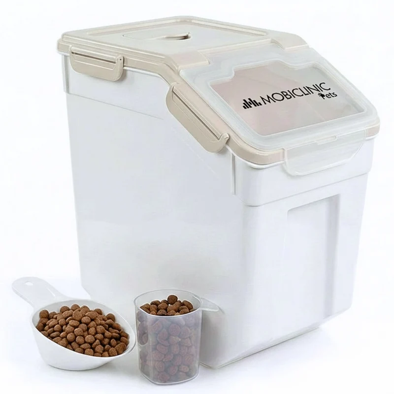 Contenedor de pienso | 8 Kg - 20 L | Cierre seguro | Con ruedas | Incluye pala y medidor | Blanco | FeedPet | Mobiclinic