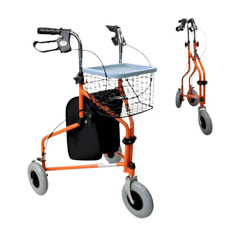 Andador plegable | Freno en manetas | 3 ruedas | Cesta | Naranja | Caleta | Mobiclinic