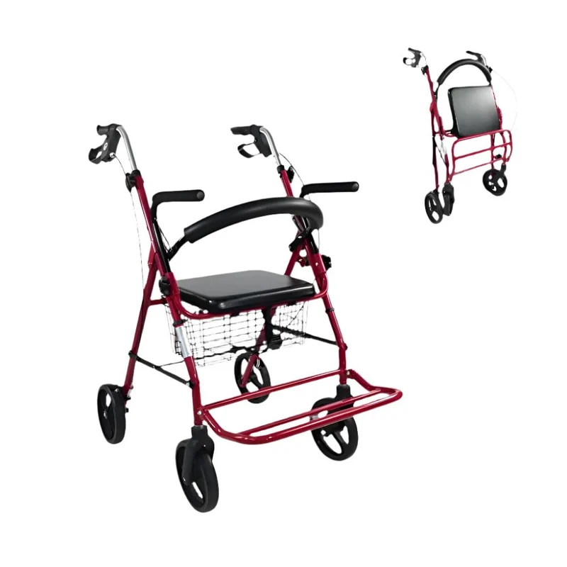 Andador 4 ruedas | Plegable | Aluminio | Frenos en manetas | Asiento y respaldo | Burdeos | Colón | Mobiclinic