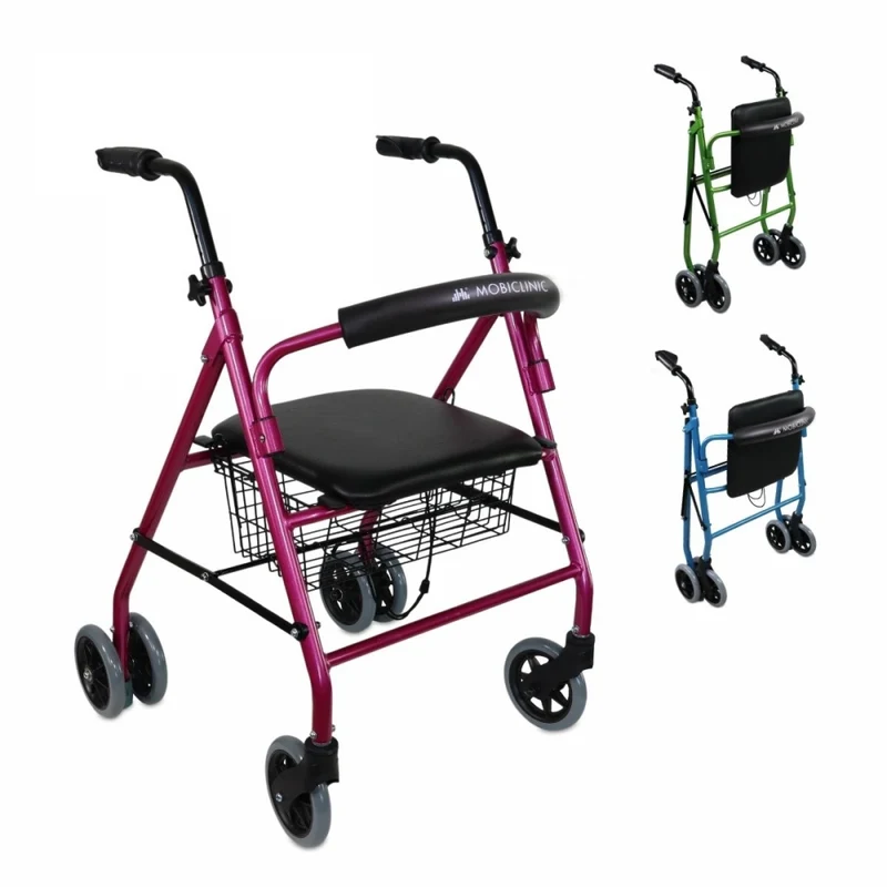 Andador plegable | Asiento y respaldo | Aluminio | Cesta | Para ancianos | Rosa | Prado | Mobiclinic