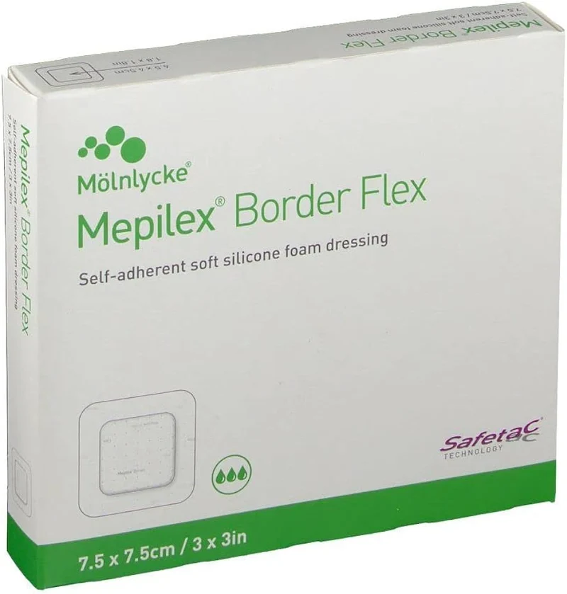 Mepilex Border Flex Self-Adherent Soft Silicone Foam Dressing, 7.5 cmx 7.5 cm, 5 Pieces / Box