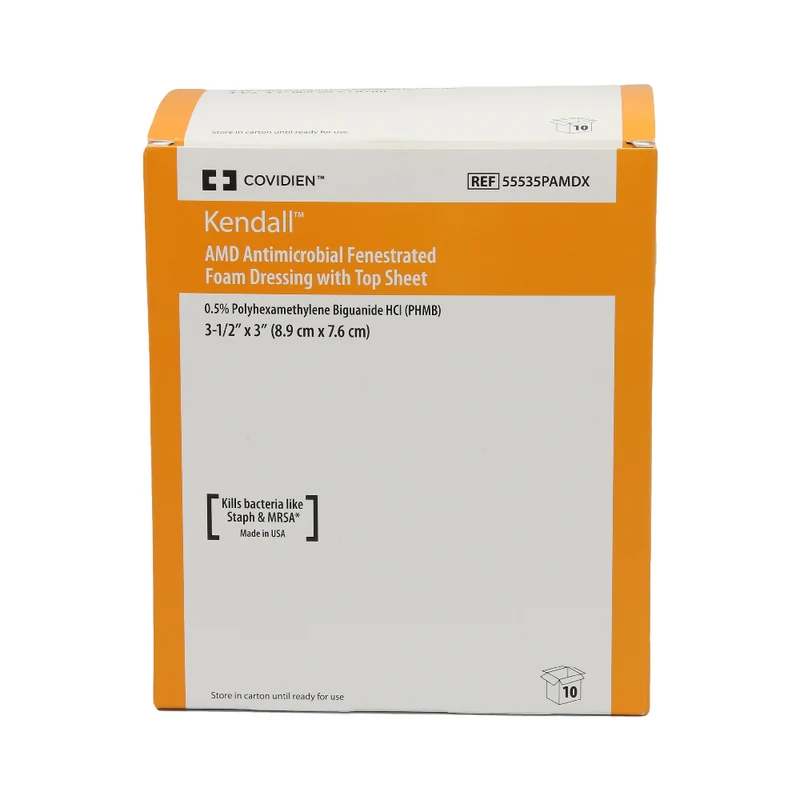 Covidien Kendall AMD Antimicrobial Fenestrated Foam Dressing With Top Sheet, 8.9 cm x 7.6 cm, 10 Pieces / Box