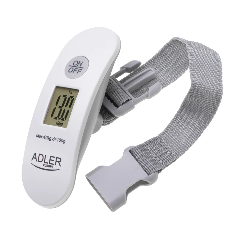 Adler AD 8189 Báscula para equipajes, hasta 40 kg, pantalla LCD, función de tara y estabilización, blanco y gris