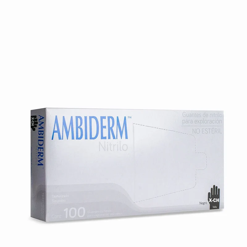 Guantes de Nitrilo Ambiderm® No Estériles Desechables Libres de Látex y sin Polvo Caja con 100 Piezas