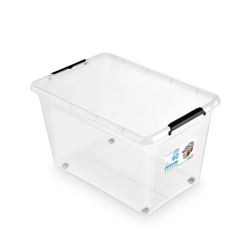Recipiente Moxom SimpleStore, capacidad de 60 litros, transparente, tapa con cierres a presión, con ruedas, sin BPA, 04-0081