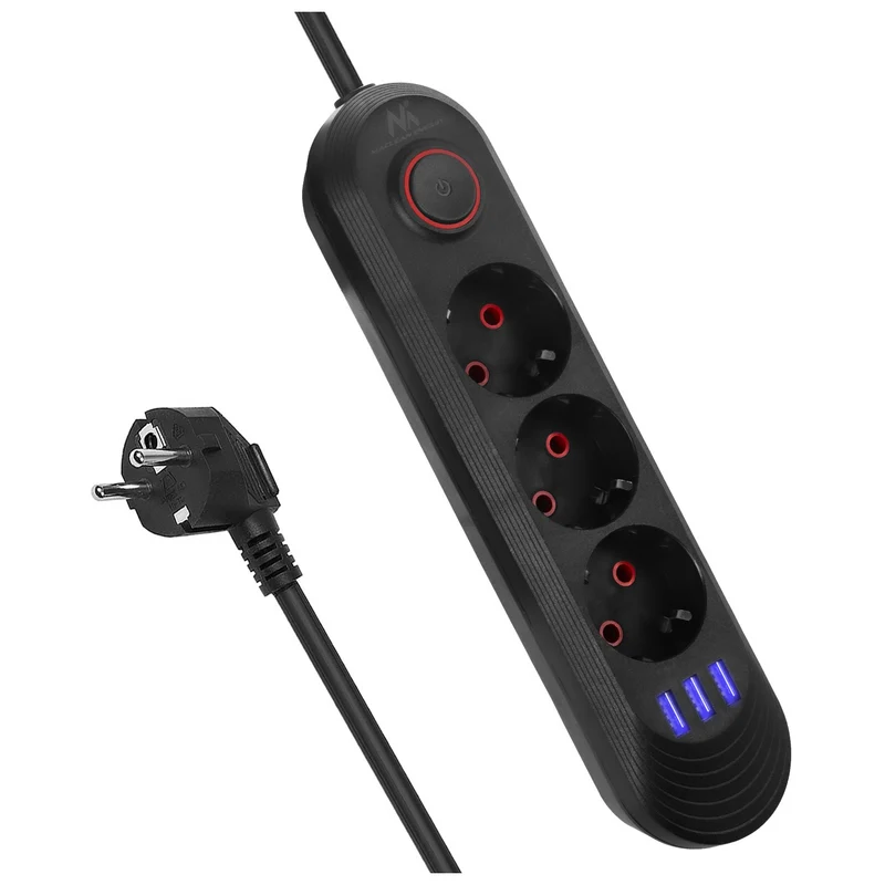Regleta de enchufes Maclean, cable alargador de 3 tomas + 3xUSB, 110-240V CA 50/60Hz, 2,1A máx. 2500W, 1,5m, negro, MCE394 B