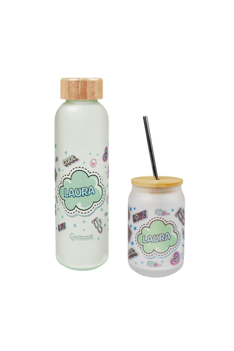 Pack botella y taza de cristal - Stickers