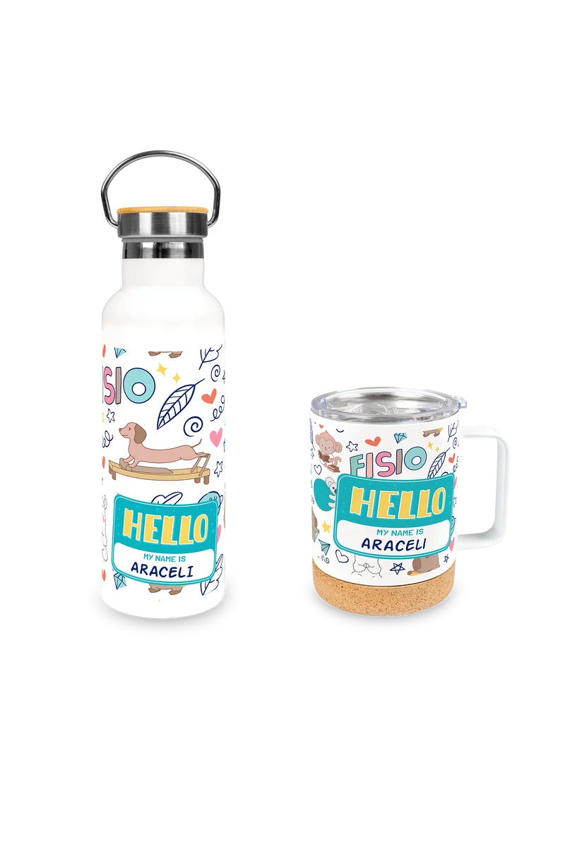 Pack botella y taza de acero - Animalitos Fisio