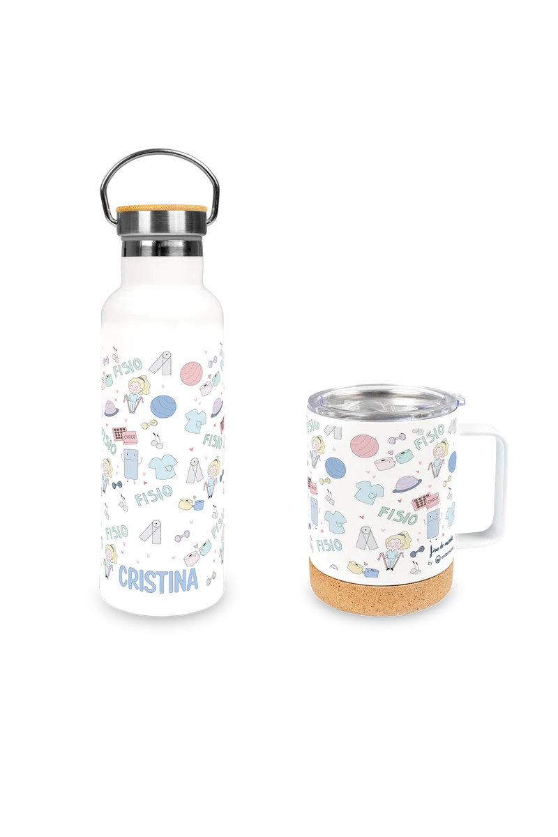 Pack personalizado botella y taza de acero - Fisio Pastel @fisiode_mente