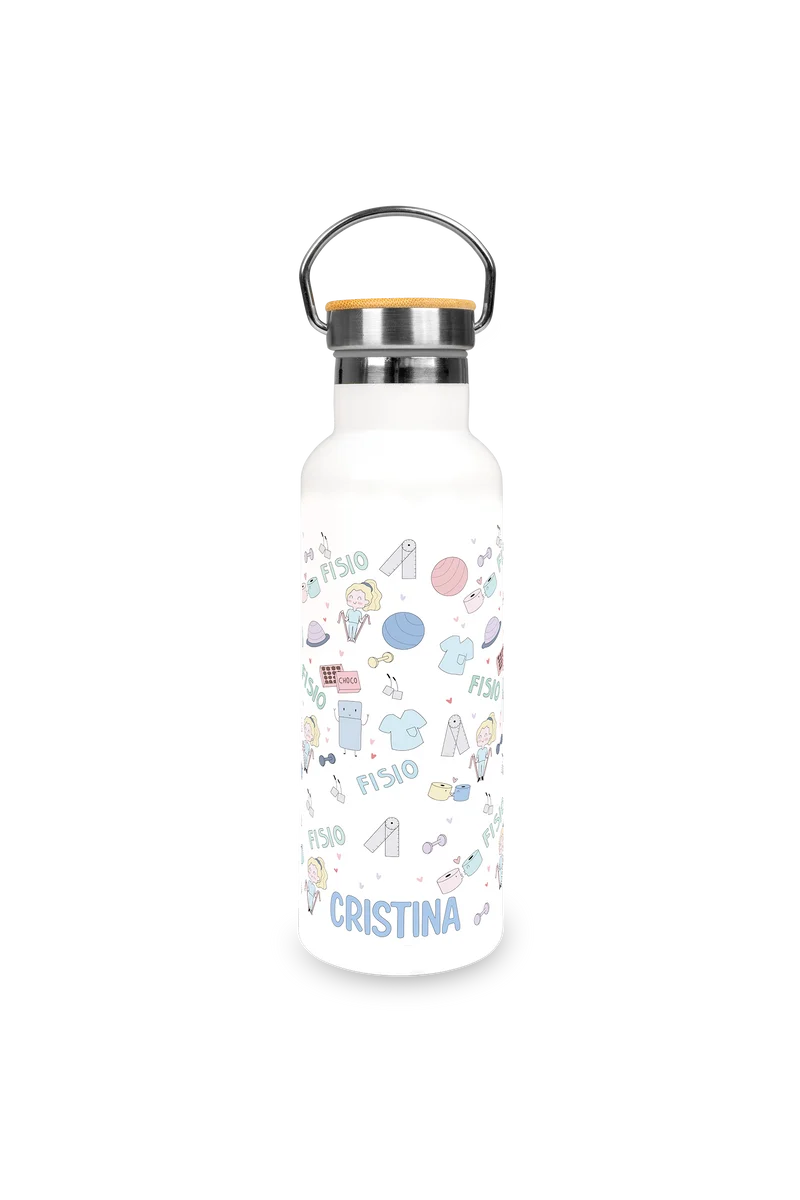 Bidón personalizable de Acero Inoxidable con Tapa de Bambú | Fisio Pastel