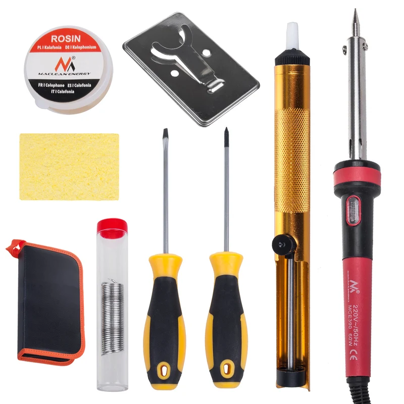 Kit de soldadura Maclean, 60W con conexión a tierra, estaño, colofonia, extractor, soporte, destornilladores, maletín, MCE390