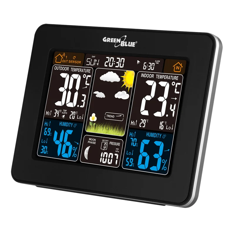 Estación meteorológica con sensor exterior pantalla LCD inalámbrico GreenBlue GB523