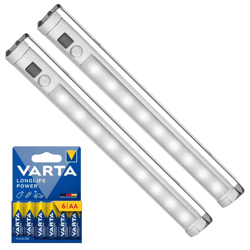 2 lámparas LED de cocina Maclean, para debajo de los armarios, 9 SMD, a pilas, con sensor PIR de encendido/apagado, MCE166 + 6 pilas R-06 R06 AA LR06 de 1,5 V VARTA Longlife Power