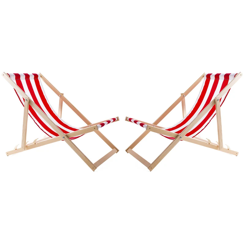 WOODOK Juego de 2 Tumbonas de Madera de Haya, Silla de Playa, Tumbona de Jardín, Patio, Balcón y Terraza, Plegable, hasta 120 kg (Rayas Rojas)