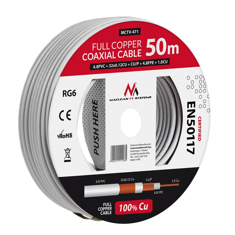 Cable coaxial cable RG6 50M Maclean MCTV-471 1.02CU + 4.8FPE + CU / P + 32 * 0.12CU + 6.8PVC