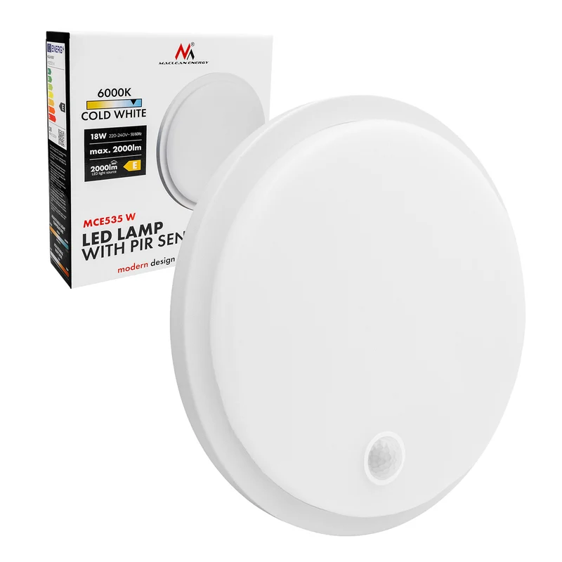 Lámpara LED con sensor de movimiento Maclean, sensor PIR, blanca, 10 W/15/18 W, IP65, posibilidad de cambiar la temperatura de color a 3000/4000/6000 K, MCE535 W