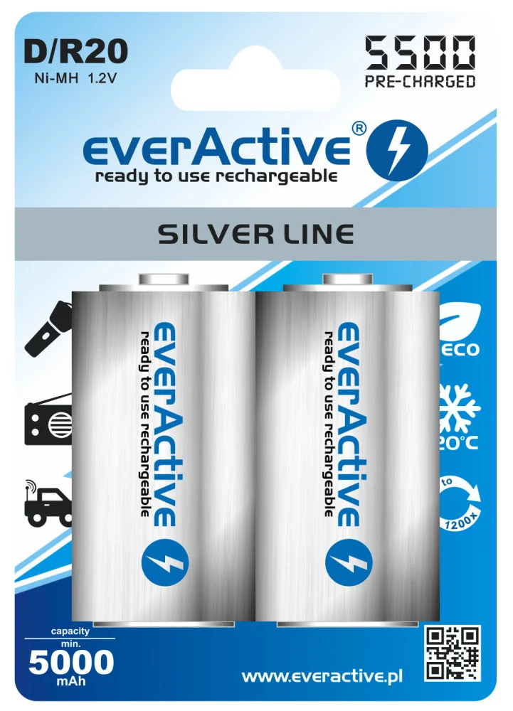 Batería de 2 piezas (1 blister) - R20 D 5500mAh everActive recargable Silver Line
