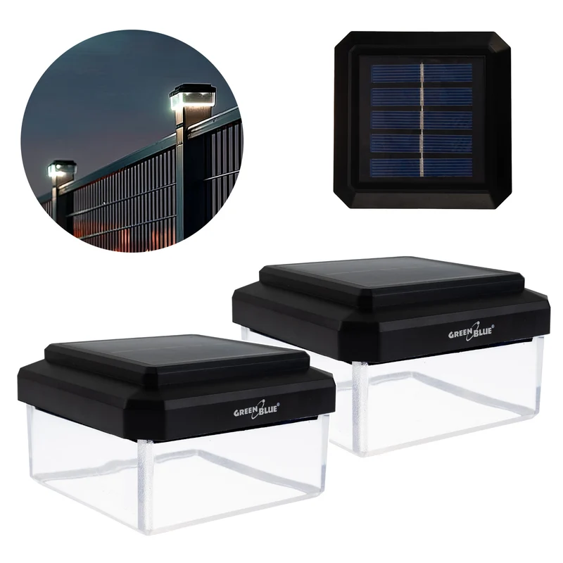 Lámpara LED solar para poste GreenBlue, 80 x 80 mm, cubierta en forma de sobre, 3200 K, GB127 WW, 2 unidades
