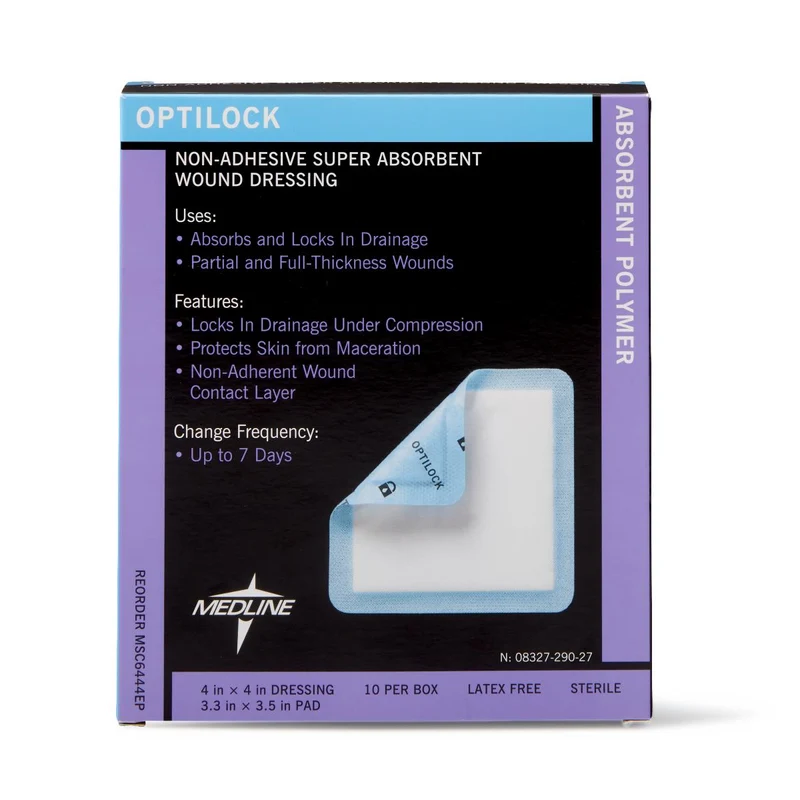 OptiLock Nonadhesive Super Absorbent Wound Dressings, 4" x 4" (box of 10)