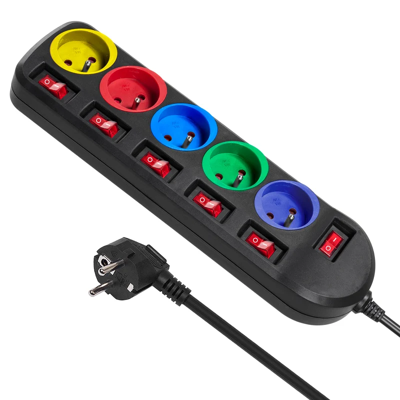 Regleta de 5 tomas con cable de 1,5 m, interruptor, protección infantil, 2500 W, Conector FR Maclean Energy MCE204M