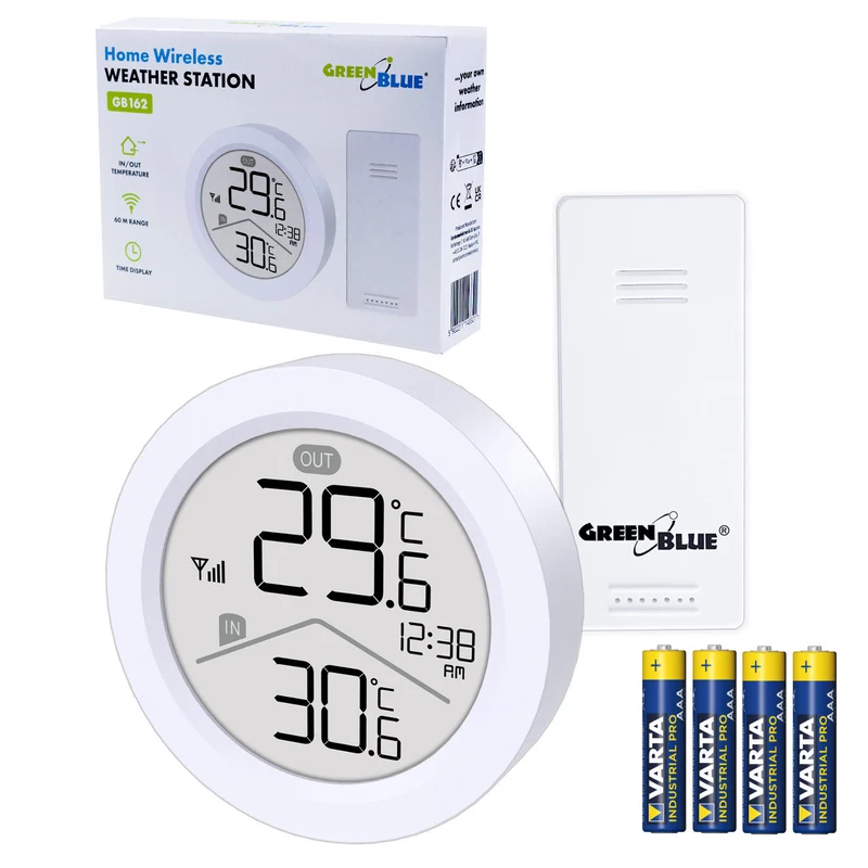Estación meteorológica inalámbrica GreenBlue, temperatura IN/OUT, reloj, selección °C / °F, alcance hasta 60 m, GB162, 4 pilas AAA