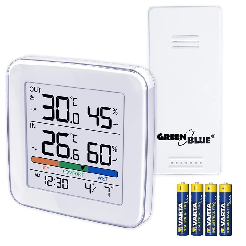 Estación meteorológica inalámbrica GreenBlue, temperatura + humedad IN/OUT, reloj + alarma + fecha, selección °C / °F, alcance hasta 60 m, GB169, 4 pilas AAA
