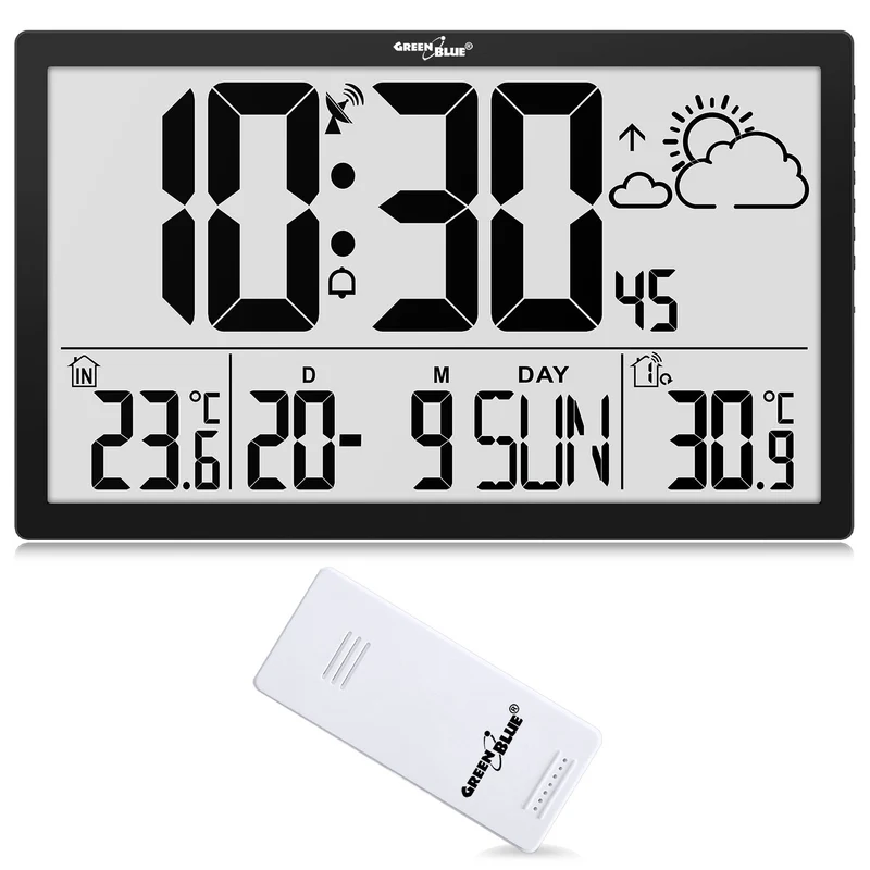 GreenBlue GB218 Estación Meteorológica Reloj de Pared Digital con Sensor de Exterior, Reloj DCF con Pantalla LCD, Alarma con Función Snooze, Temperatura Interior y Exterior, Previsión Meteorológica, 37x22,5cm,