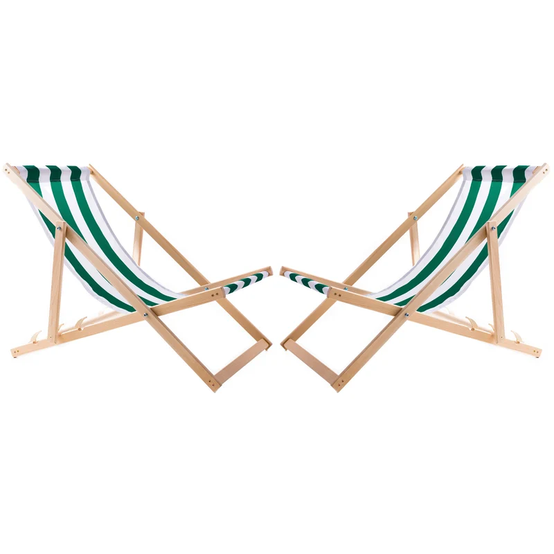 WOODOK Juego de 2 Tumbonas de Madera de Haya, Silla de Playa, Tumbona de Jardín, Patio, Balcón y Terraza, Plegable, hasta 120 kg (Rayas verdes)