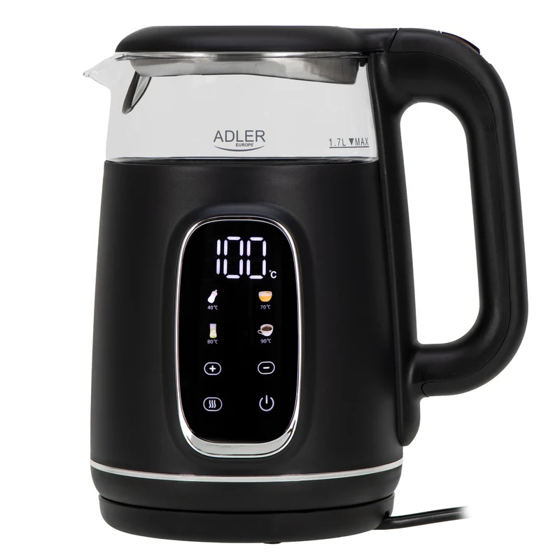 Adler AD 1305 bs Hervidor eléctrico de vidrio 1.7L, Negro y plata, Control de temperatura, Pantalla LED