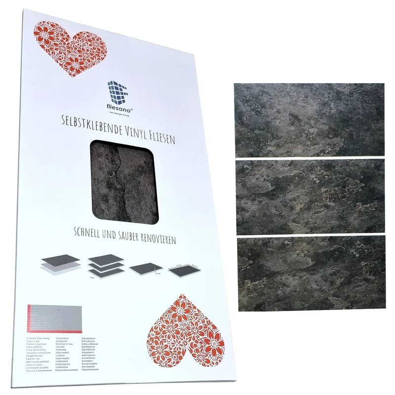 Fliesana Baldosas autoadhesivas para pared y suelo, juego de 3, impermeables, diseño de piedra natural (pizarra)