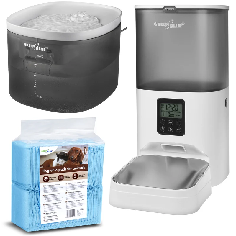 GreenBlue GB392 dispensador automático de agua / bebedero para mascotas + GreenBlue GB393 dispensador automático de comida / comedero para mascotas + 60x40cm, base de 50 piezas, GB495