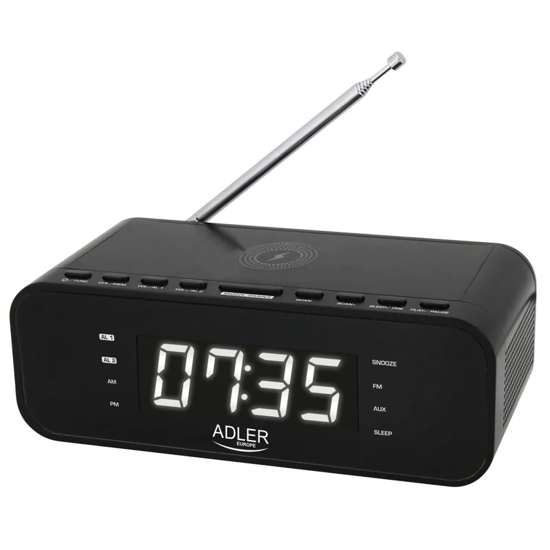 Adler AD 1192B Radio Despertador FM con Cargador Inalámbrico, Bluetooth