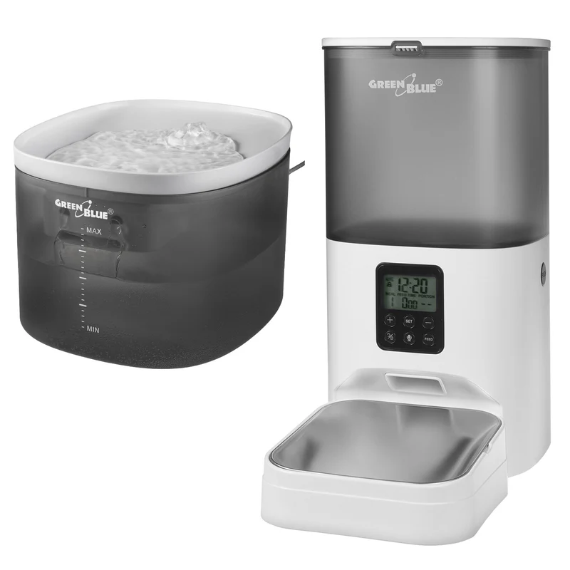 GreenBlue dispensador automático de agua / bebedero para mascotas, 3L, USB 5V1A, GB392 + GreenBlue dispensador automático de comida / comedero para mascotas, 6L, USB 5V1A, GB393