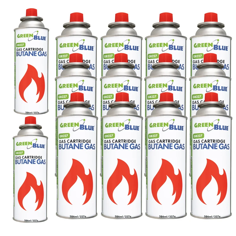 14 cartuchos de gas de 227 g GreenBlue. Certificado: Pi 0875, conforme a la norma EN 417, butano, rango de temperatura de funcionamiento: de -10 °C a +40 °C, GB227