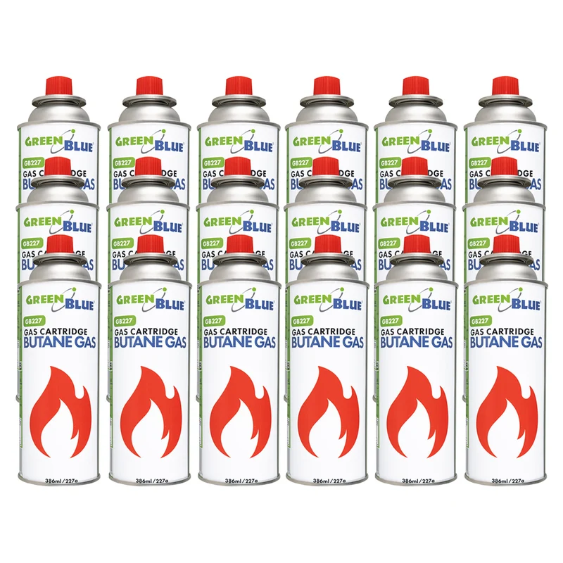 18 cartuchos de gas de 227 g GreenBlue. Certificado: Pi 0875, conforme a la norma EN 417, butano, rango de temperatura de funcionamiento: de -10 °C a +40 °C, GB227