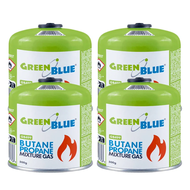 4 cartuchos de gas de 500 g GreenBlue. Certificado: Pi 0437, conforme a la norma EN 417, butano-propano, rango de temperatura de -10 °C a +40 °C, válvula roscada de 7/16'' GB499