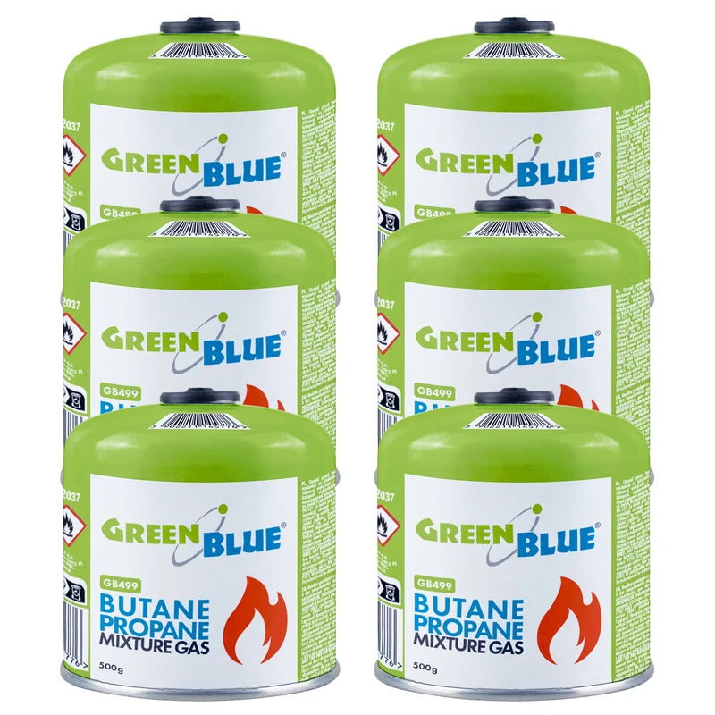 6 cartuchos de gas de 500 g GreenBlue. Certificado: Pi 0437, conforme a la norma EN 417, butano-propano, rango de temperatura de -10 °C a +40 °C, válvula roscada de 7/16'' GB499