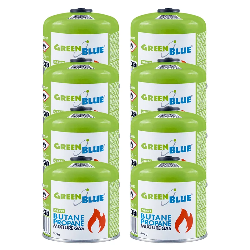 8 cartuchos de gas de 500 g GreenBlue. Certificado: Pi 0437, conforme a la norma EN 417, butano-propano, rango de temperatura de -10 °C a +40 °C, válvula roscada de 7/16'' GB499