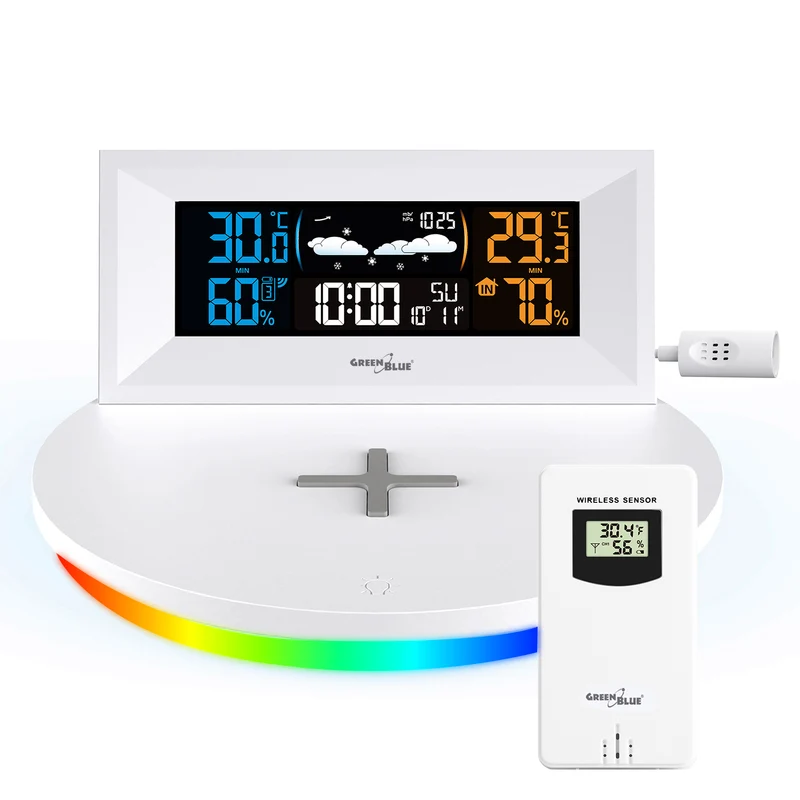 Estación meteorológica inalámbrica con cargador inalámbrico/inductivo GreenBlue, reloj, alarma, calendario, sensor de exterior, GB213