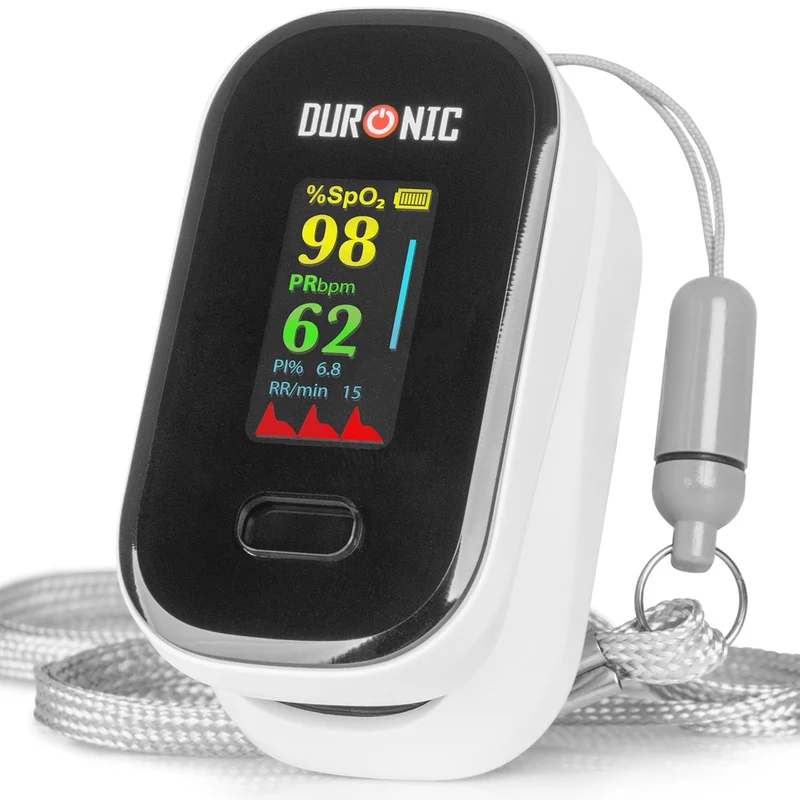 Duronic OX02 Pulsioxímetro Profesional, Oxímetro de dedo para Medición SpO2 1.5V Dispositivo de medición de la saturación de oxígeno en sangre Frecuencia cardiaca 2x pilas AAA
