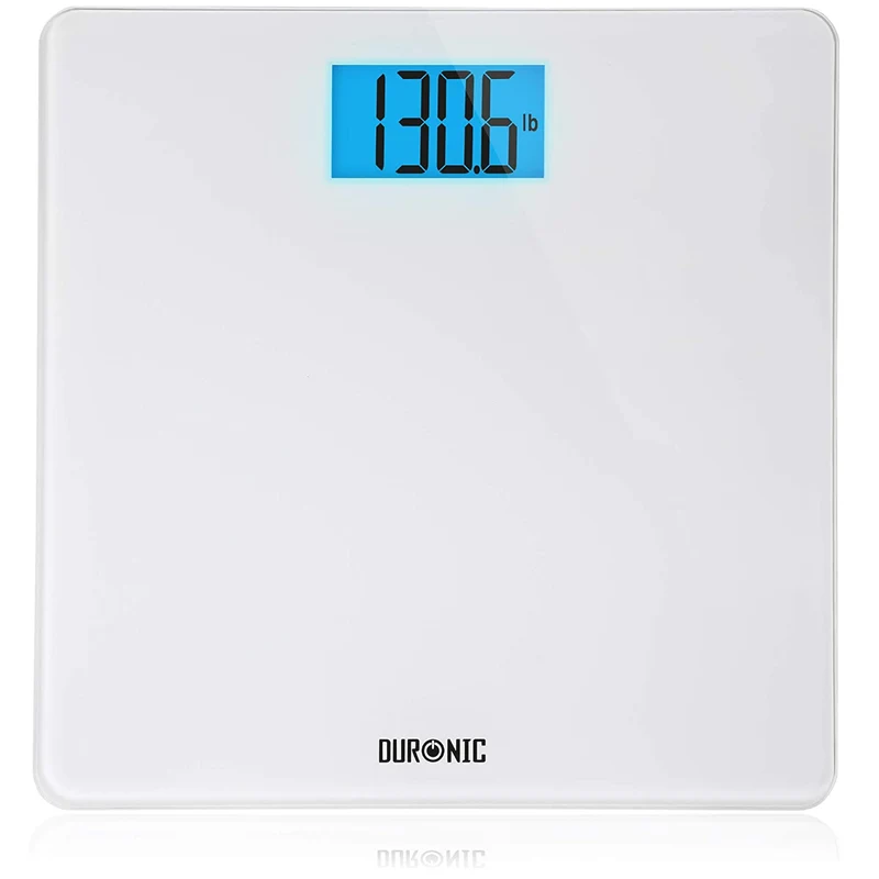 Duronic BS403 Báscula Digital de Baño|Sensores de precisión y Lectura Grasa Corporal |Hasta 180kg | Pantalla LCD con Texto XL|Autoencendido y apagado automático| Vidrio Blanco Elegante Antideslizante